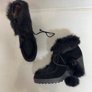 COACH Black Suede Kataya Fur Trim Wedge Ankle Booties Boots sz 6.5