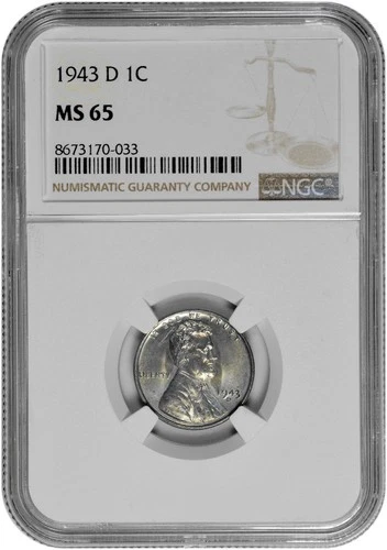 1943 D 1c Lincoln Steel Wheat Cent NGC Graded MS 65 with Toning