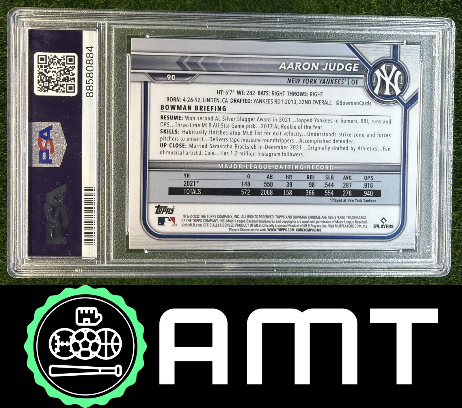 Aaron Judge PSA 10 2022 Bowman Chrome Sapphire 35/50 Yellow Yankees 0884 view 2