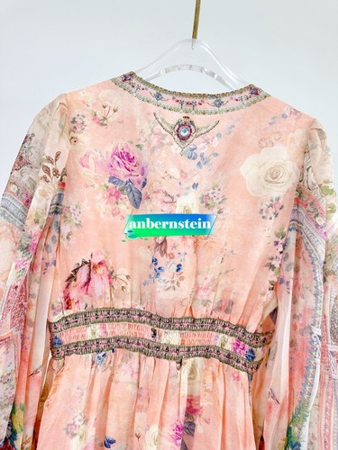 CAMILLA 100% silk printed long-sleeved mini dress V-neck crystal rhinestones - Picture 7 of 13