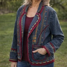 Denim Embroidered Jacket Women's Vintage size Large Blue Embellished Boho Casual