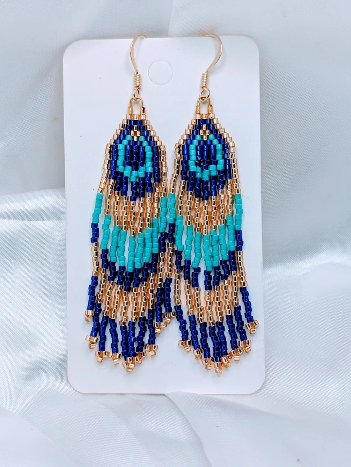 Pendientes con flecos de plumas de pavo real hechos a mano oro turquesa oro relleno ganchos Foto 3 de 3