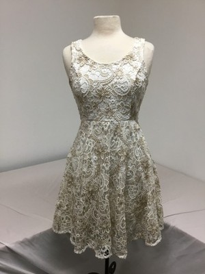 Voom by Joy Han, White Lace Gold Embroidery Dress, Sleeveless, Size S, (SR276)