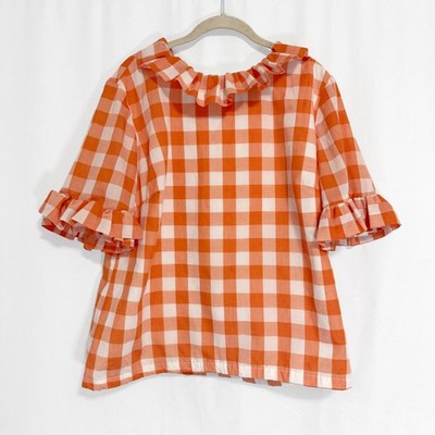 Elizabeth Wilson Preppy Orange and White Gingham Ruffled Blouse Size Extra Large