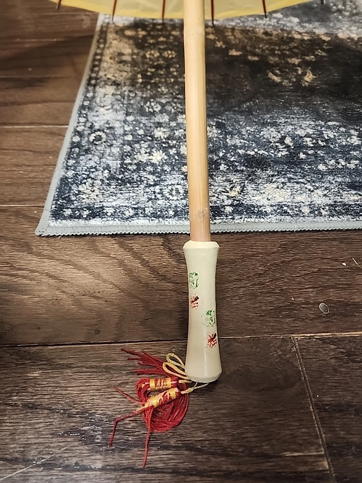 vintage Hand Painted Parasol Bamboo Umbrella - Image 4 of 4