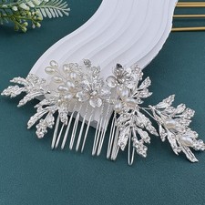 Bridal Hair Comb Wedding Pieces For Bride Pearl Accessories Women Silver Floral