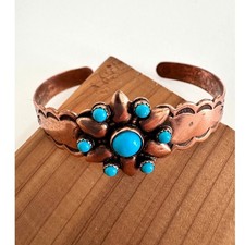 Vintage Solid Copper Faux Turquoise Cuff Bracelet Southwestern Stamped Design
