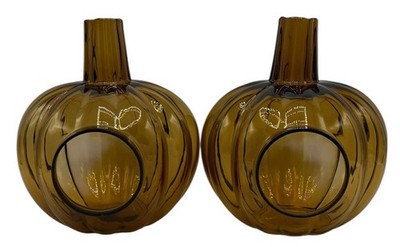 2 Amber Art Glass Pumpkin Votive Candle Holder Fairy Lights Stem Chimney Vent