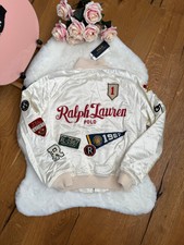 Polo Ralph Lauren Bomber Jacket Patches Embroidered Satin White Uk 10 S Small