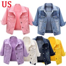 US Womens 3/4Sleeve Denim Jacket Button Down Stretch Denim Jean Jacket w/Pocket