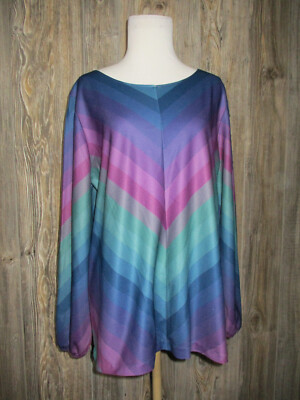 Vtg 70s 80s Beeline Fashions Polyester Blouse Sz Large Blue Purple Hippie Boho