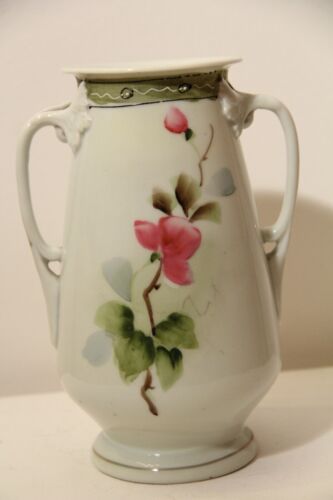HAND PAINTED NIPPON CERAMIC VASE - DOUBLE HANDLES - FLOWERS - 7 1/2" - Picture 3 of 10