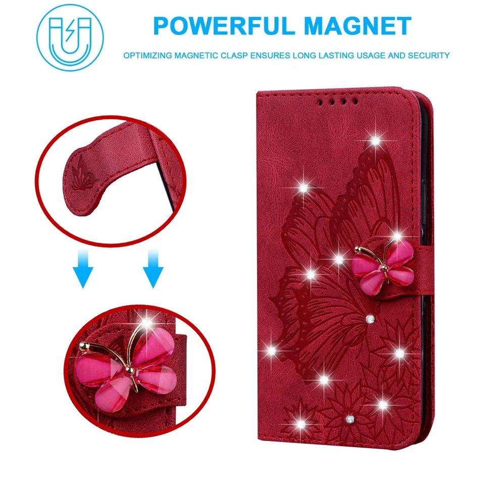 For Various Phone Diamond Butterfly Flip Wallet Card Bag Holder Women Case Cover - Image 2 of 4