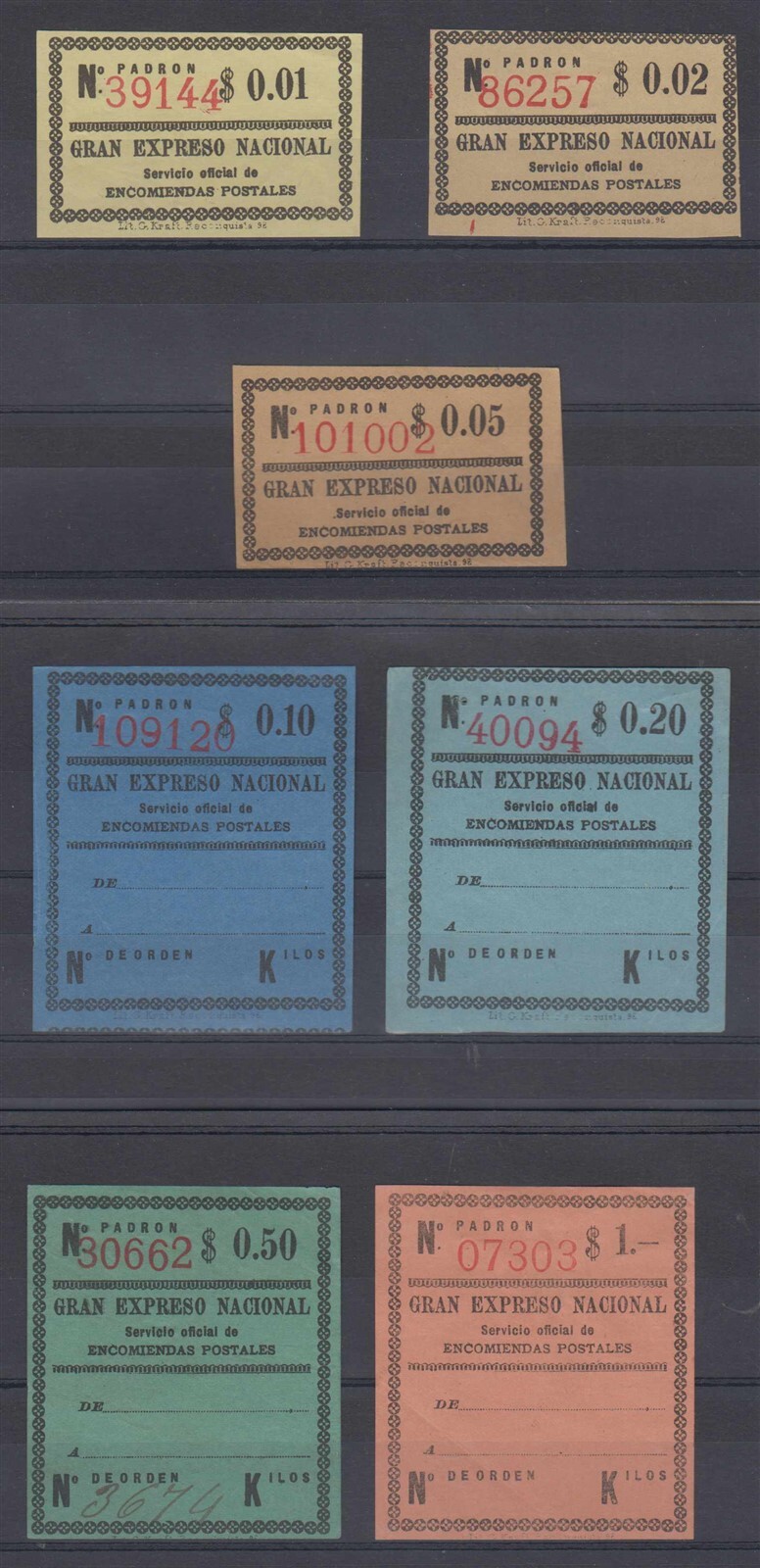 ARGENTINA 1886-87 PARCEL POST GRAN EXPRESO NACIONAL FULL SET OF 7 IMPERF UNUSED