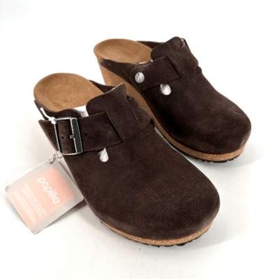 Papillio by Birkenstock Suede Fanny Wedge Clogs Roast Brown Size 39, US Size 9