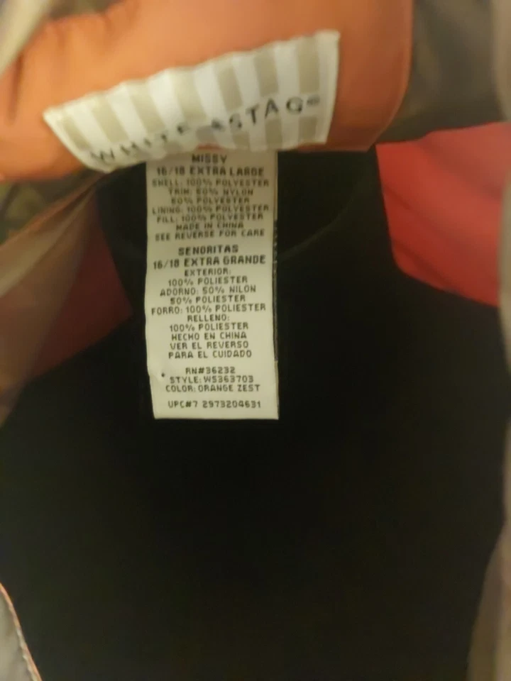 Chaqueta acolchada acolchada con cremallera completa extra grande blanca Stag mediana para dama 16/18 naranja Foto 4 de 4