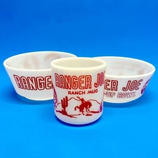 VTG 50s Ranger Joe Round Up 3PC Breakfast Set Hazel Atlas Milk Glass Mug & Bowls
