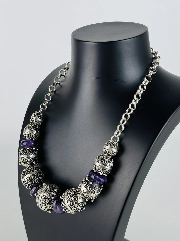 Girocollo Tibetano Collana In Argento E Pietra Ametista Gioiello Tibet XX Sec. - Immagine 4 di 4