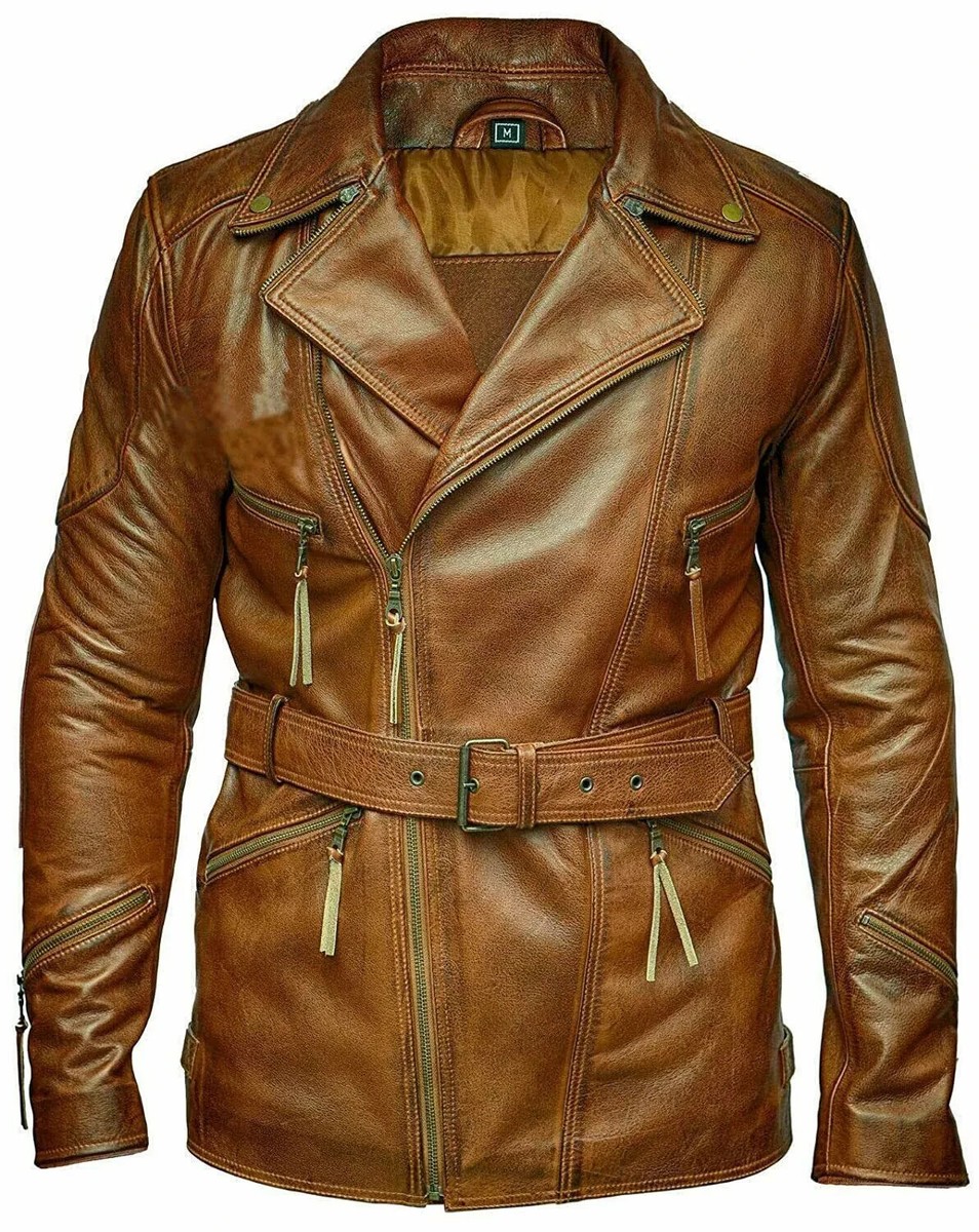 Men's Distressed Vintage Brown 3/4 Length Biker Leather Jacket