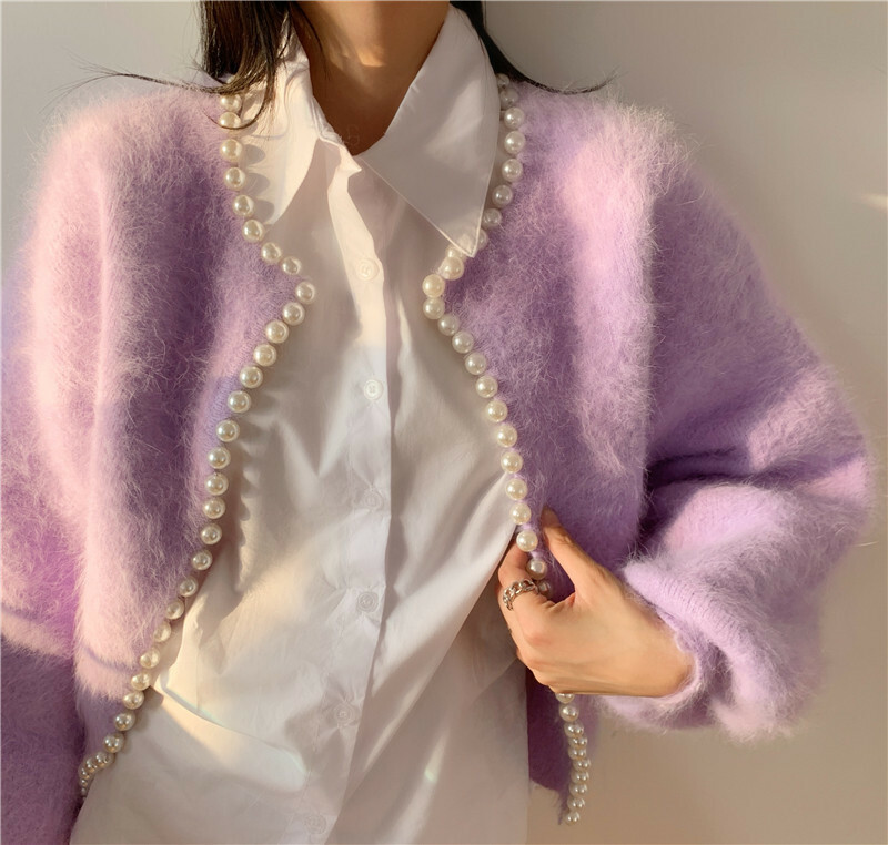 Womens Korean Fashion Faux Fur Pearls Sweater Round Neck Cardigan Jumpers  Casual | eBay