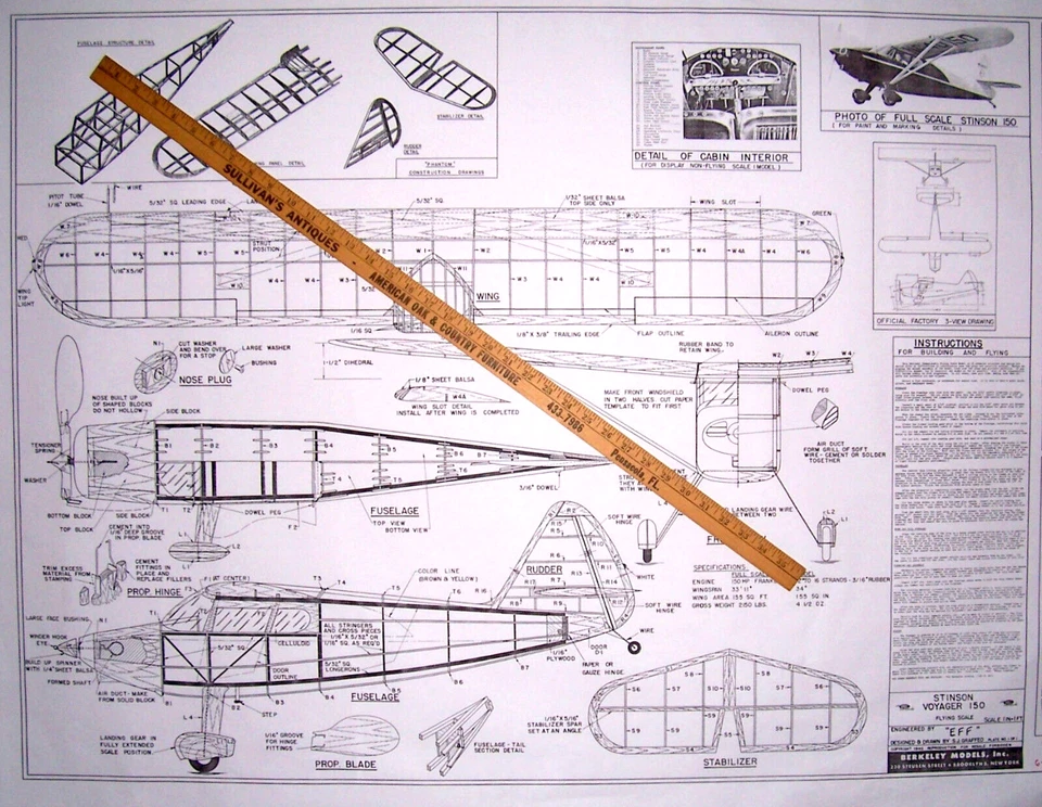 Berkeley STINSON VOYAGER PLAN + PARTS PATTERNS 34" FF / RC Scale Model Airplane - Image 2 of 4