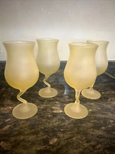 Libbey  Pastel Goblet Set of 4 Zig Zag Stem Frosted Glasses Gold Yellow Vtg