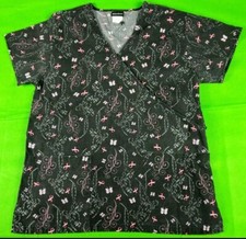 Absolute black pink ribbon butterfly women's 2 pocket scrub top size M