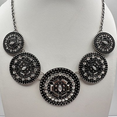 Vintage Y2K Silver Tone Geometric Medallion Statement Necklace Rhinestone Boho