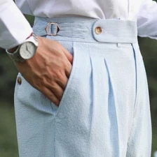 Mens Seersucker Gurkha Pants High Waist Pleats Straight Trousers Blue White 32 