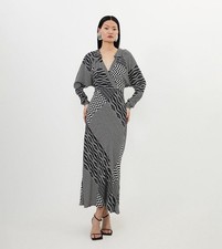 KarenMillen Geo Printed Morocain Woven Collared Midaxi Dress, Size 10