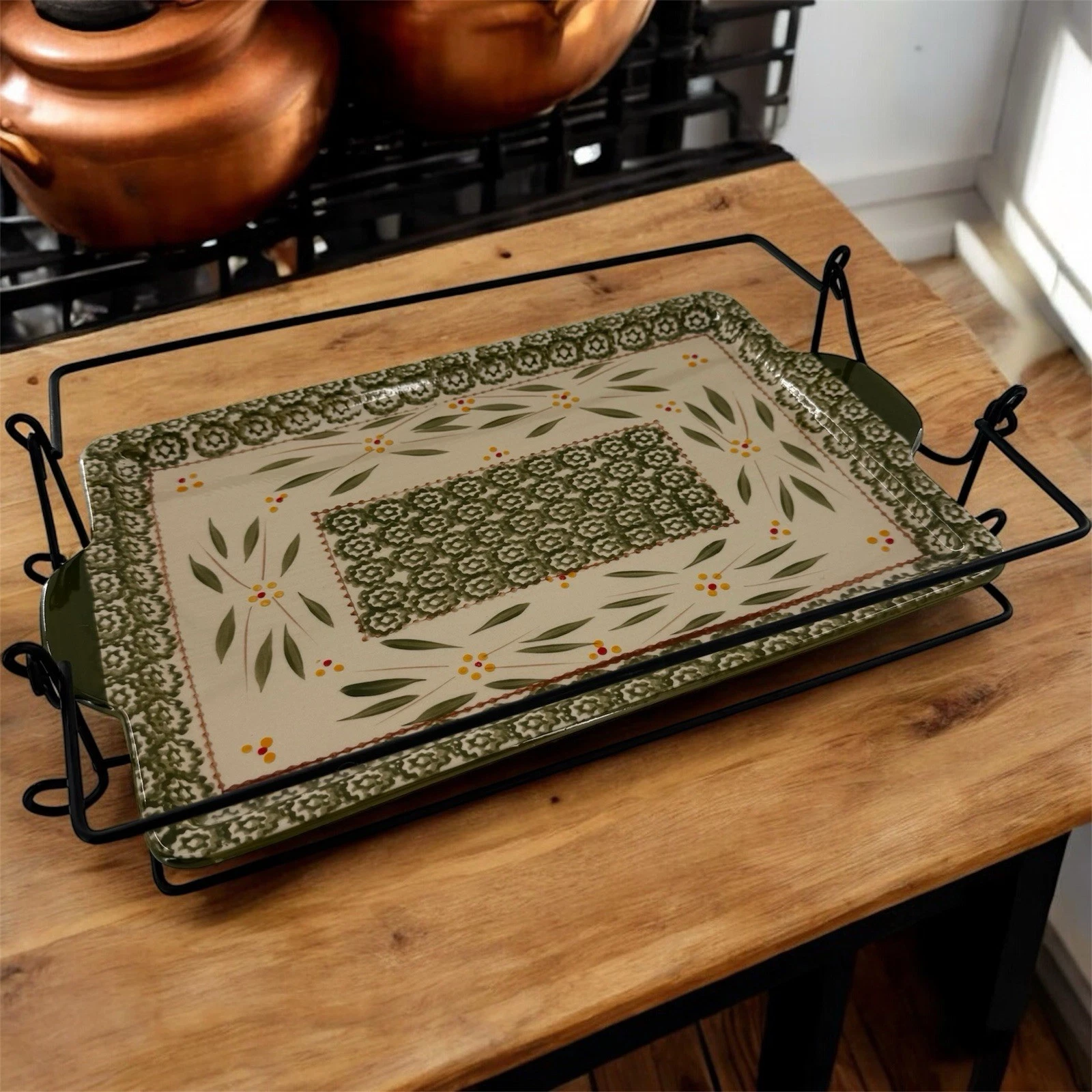 Temptations by Tara Baker Old World Green 9” x 13” Serving Tray W/ Stand Platter