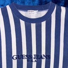 Vintage 80s 90s Dark Blue Guess Jeans USA Georges Marciano Vertical Striped Tee