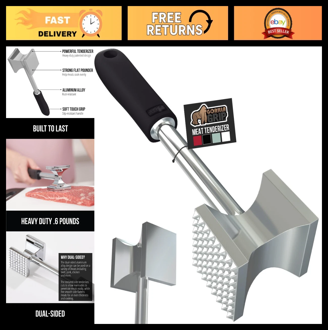 Dual-Sided Meat Tenderizer Tool - BPA-Free, Heavy Duty Kitchen Mallet, Comfortab