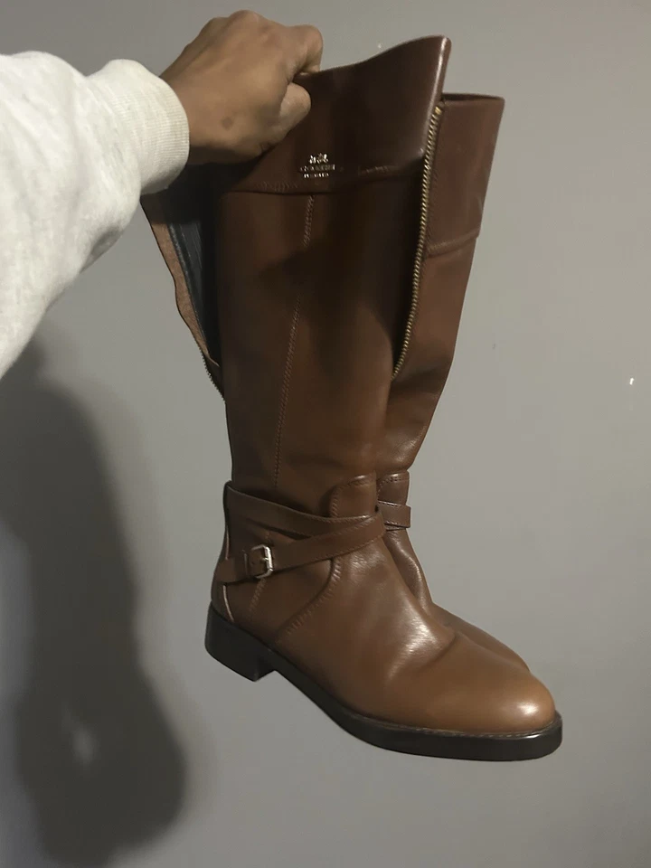 Botas Coach de Couro Femininas Tamanho 7 Alto Equitação Marrom Nogueira Novas com etiquetas - Imagem 2 de 4