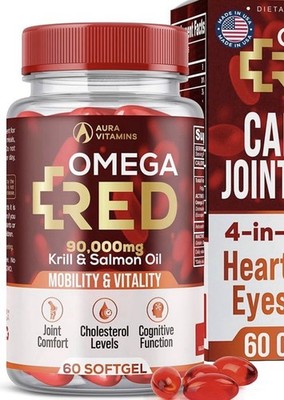 Aura Vitamins Omega RED Krill Oil Supplement 60 softgels 1500mg Fatty Acids DHA 