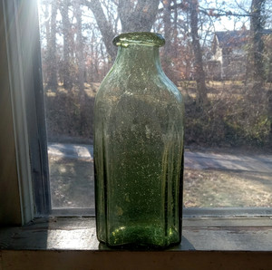 1780s EARLY DIP MOLD BLOWN GREEN NEW ENGLAND PANELED SNUFF BOTTLE CRUDE LIP NICE