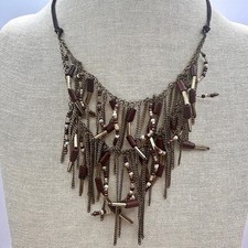 Vintage Y2K Gold Tone Multi Chain Tassel Beaded Boho Fringe Statement Necklace