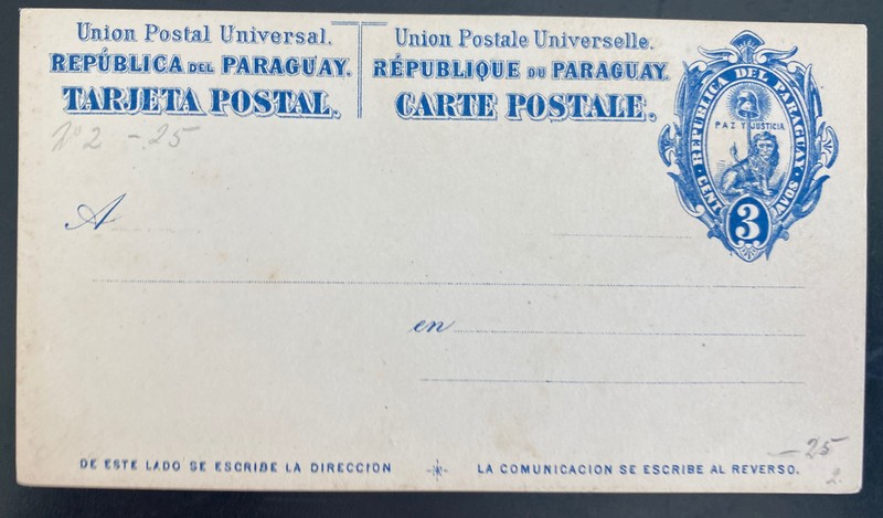 Mint Paraguay Postal Stationery Postcard 3 cents