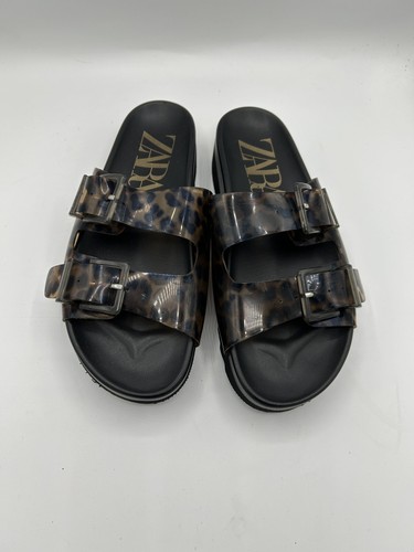 Zara Animal Print Rubberized Buckled Slide Sandals Black Size 37 - 第 2/16 張圖片