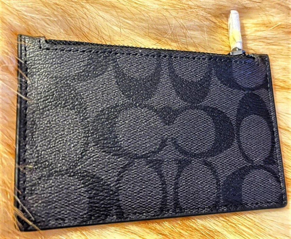 Estuche para tarjetas COACH de lona recubierta y cuero de becerro refinado con cremallera negro nuevo con etiquetas Foto 4 de 4