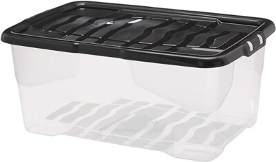 Strata 4x42 Liter gebogene Kunststoff stapelbare Aufbewahrungsbox & Deckel klar/schwarz Deckel