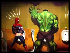 Spiderman Hulk Invisible Man In Bathroom Peeing Superheros MAGNET