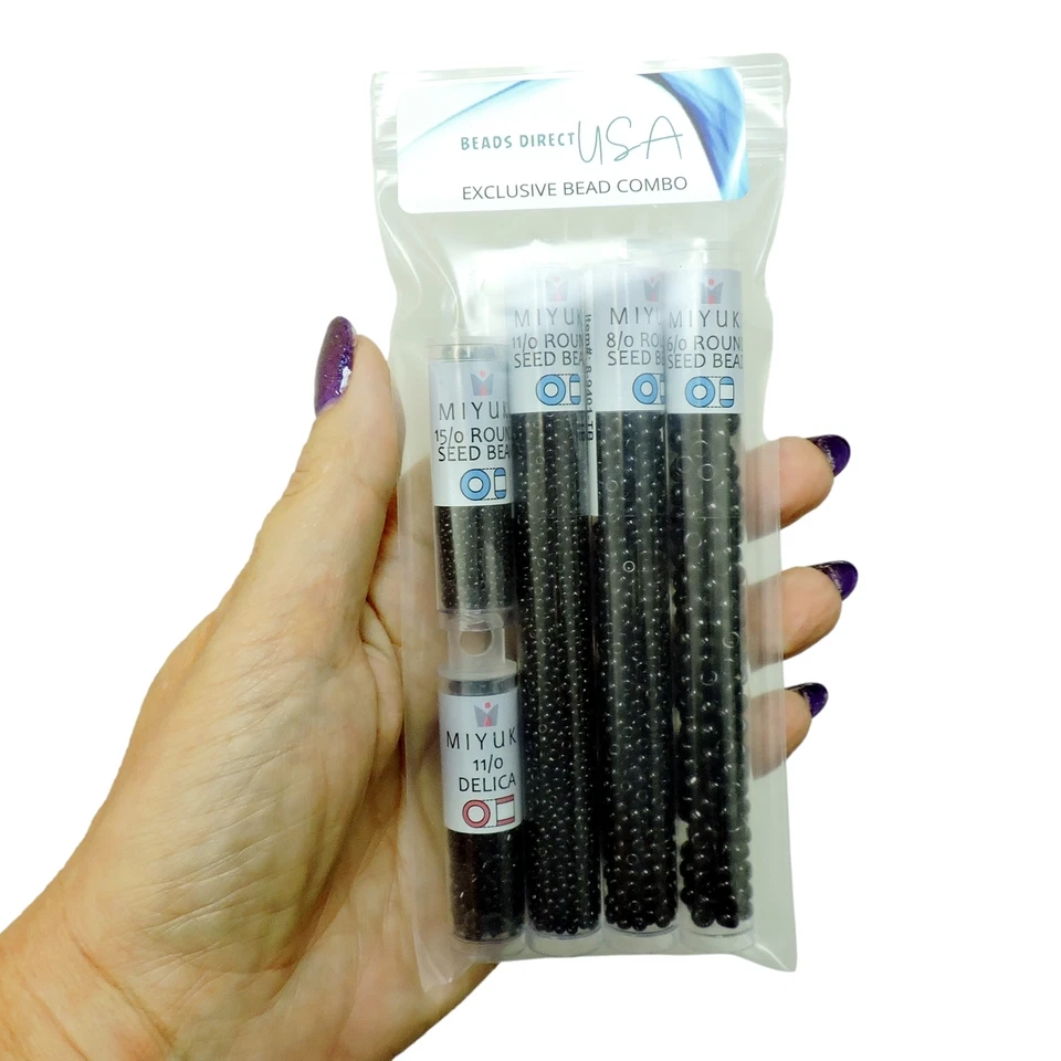 Cuentas de semillas Miyuki Multipack, negro opaco, tamaño 15/0, 11/0, 8/0, 6/0 + delica Foto 3 de 3
