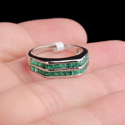 Natural Emerald Channel Set Men's 925 Sterling Silver Wedding Band Ring Size 5.5