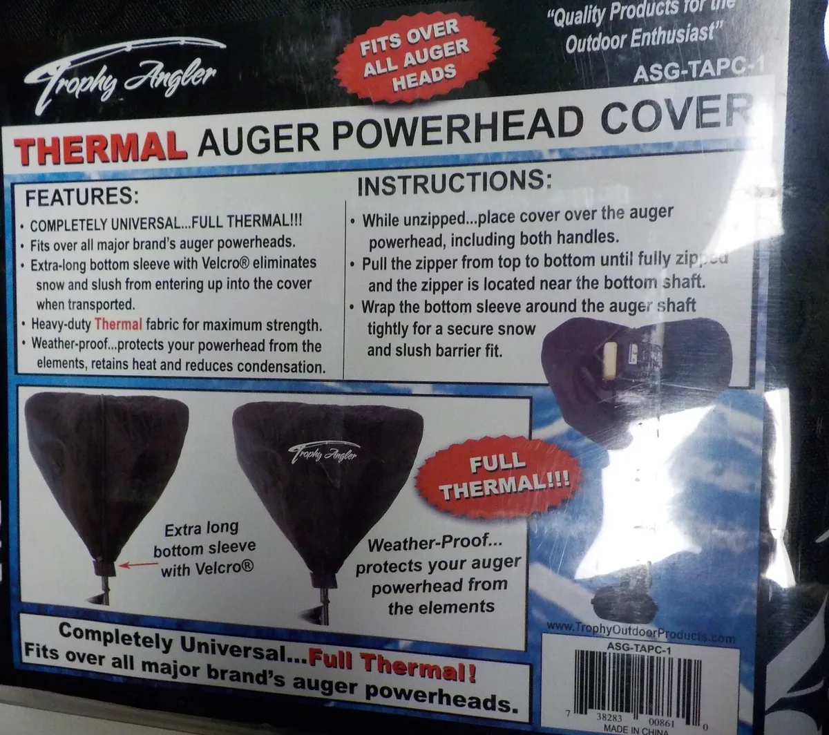 TROPHY ANGLER THERMAL ICE FISHING POWER HEAD AUGER COVER. FITS ALL