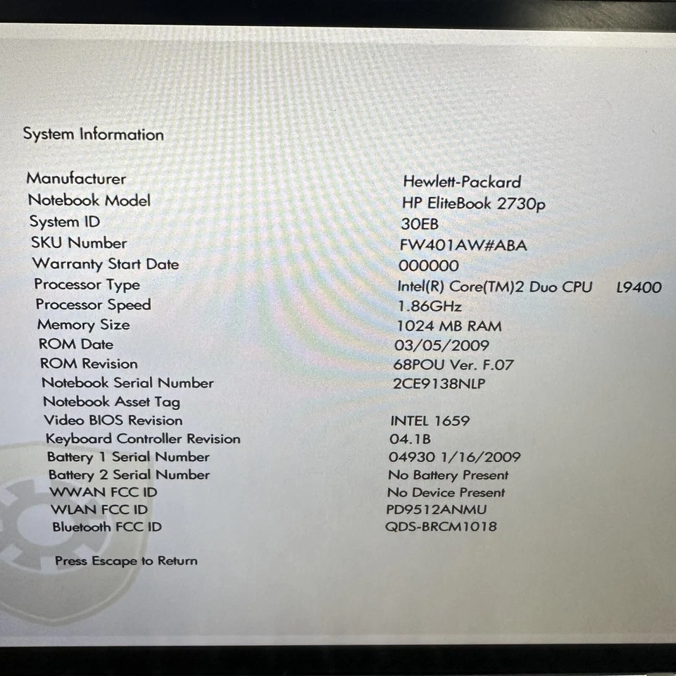 HP EliteBook 2730p 12.1” Laptop Tablet PC C2D 1GB RAM No HDD - Scraps/Salvage - Image 4 of 4