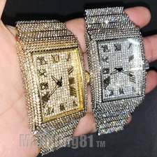 Men Full Iced Band Simulated Diamond Gold Silver Finish Hip Hop Metal Icy Watch