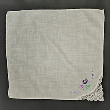 VTG Lavender Purple Embroidered Flowers Corner Crochet Lace Handkerchief Hanky