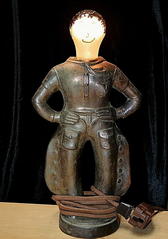 Rare WILL ROGERS METAL COWBOY LAMP, Painted Face Bulb, Vintage 1920's - 30's