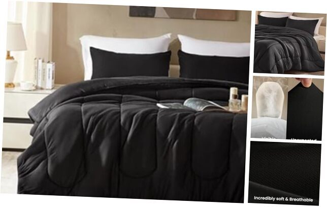 Size Comforter Set for Bedroom, 3 Pieces Breathable Soft Jersey Queen Black